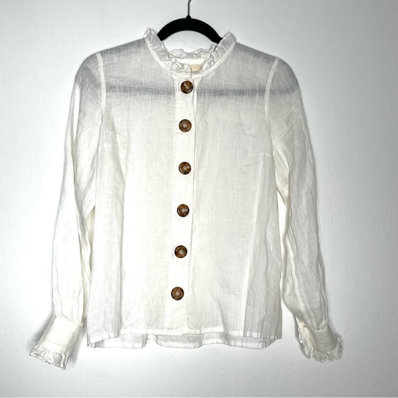 Sezane Tops - Sezane Linen Ruffled White Button-Up Blouse with Big Brown Buttons Size 36